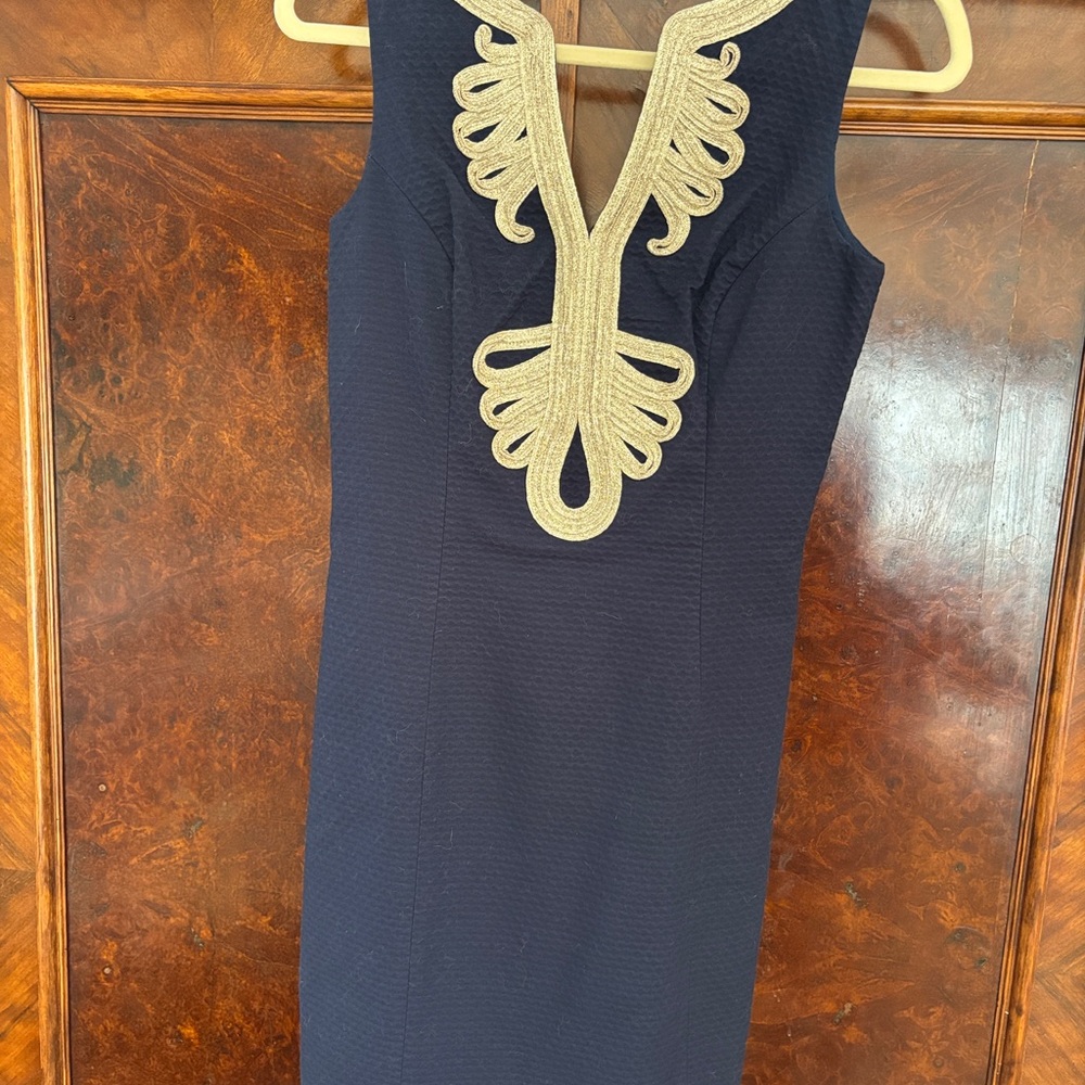 Lilly Pulitzer Blue and Gold-Embellished Sheath Midi Dress